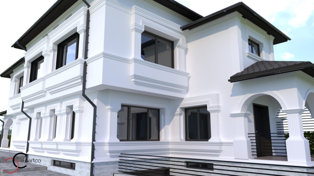 Simulare design fatada casa cu profile decorative din polistiren CoArtCo